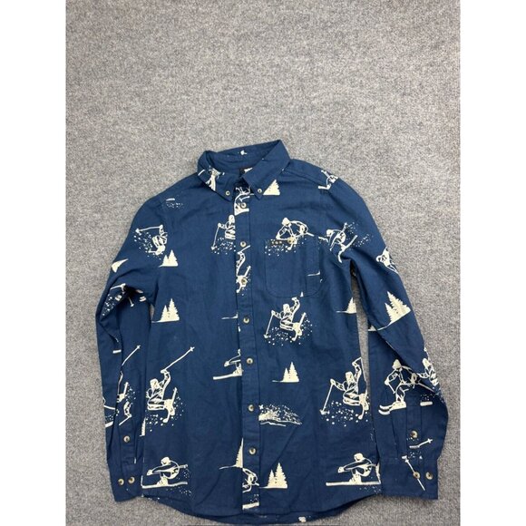 Teton Gravity Research Aprs Vous Flannel Men's Small Blue Ski Print Button Up - Picture 1 of 7